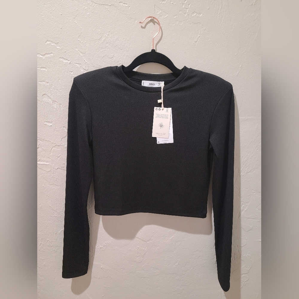 Mango Black Fitted Long Sleeve Crop Top